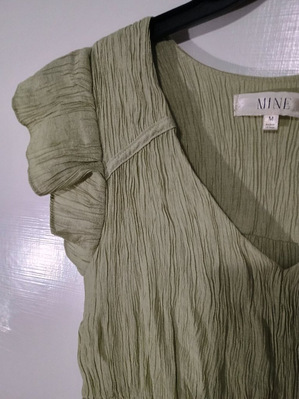 MINE Sage Green Crinkle Ruffle Sleeve Shirred Waist Mini Dress M - Picture 5 of 11